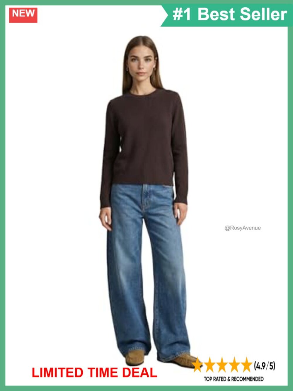 100% Cashmere Crewneck Sweater Pullover Classic Fit Hip Length